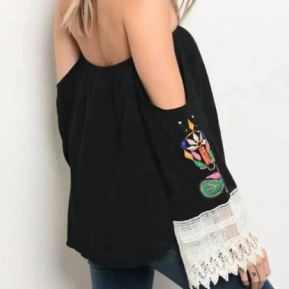 Black off Shoulder Top with Embroidery & Lace - Picture 4 of 4